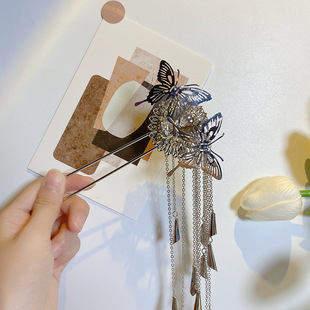 古风u型发钗发饰簪子潮冷淡风金属蝴蝶流苏发簪女高级感小众设计