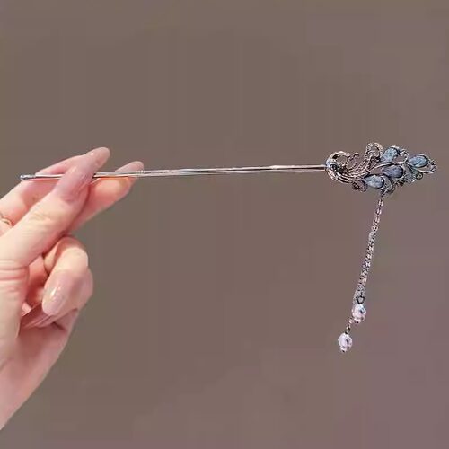 孔雀流苏步摇盘发钗子现代简约
