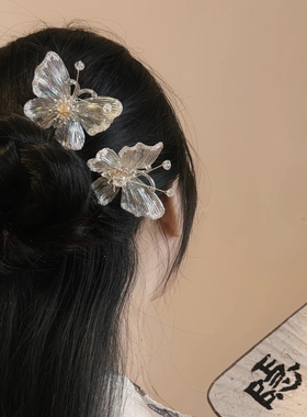 超仙水晶花朵发夹女后脑勺高级感古风汉服头饰2024新款边夹子发簪