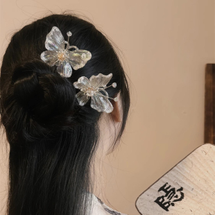 超仙水晶花朵发夹女后脑勺高级感古风汉服头饰2024新款 边夹子发簪