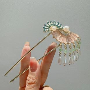 珍珠扇形U型发簪中国风流苏高级感旗袍马面裙配饰 新中式 新款 夏季