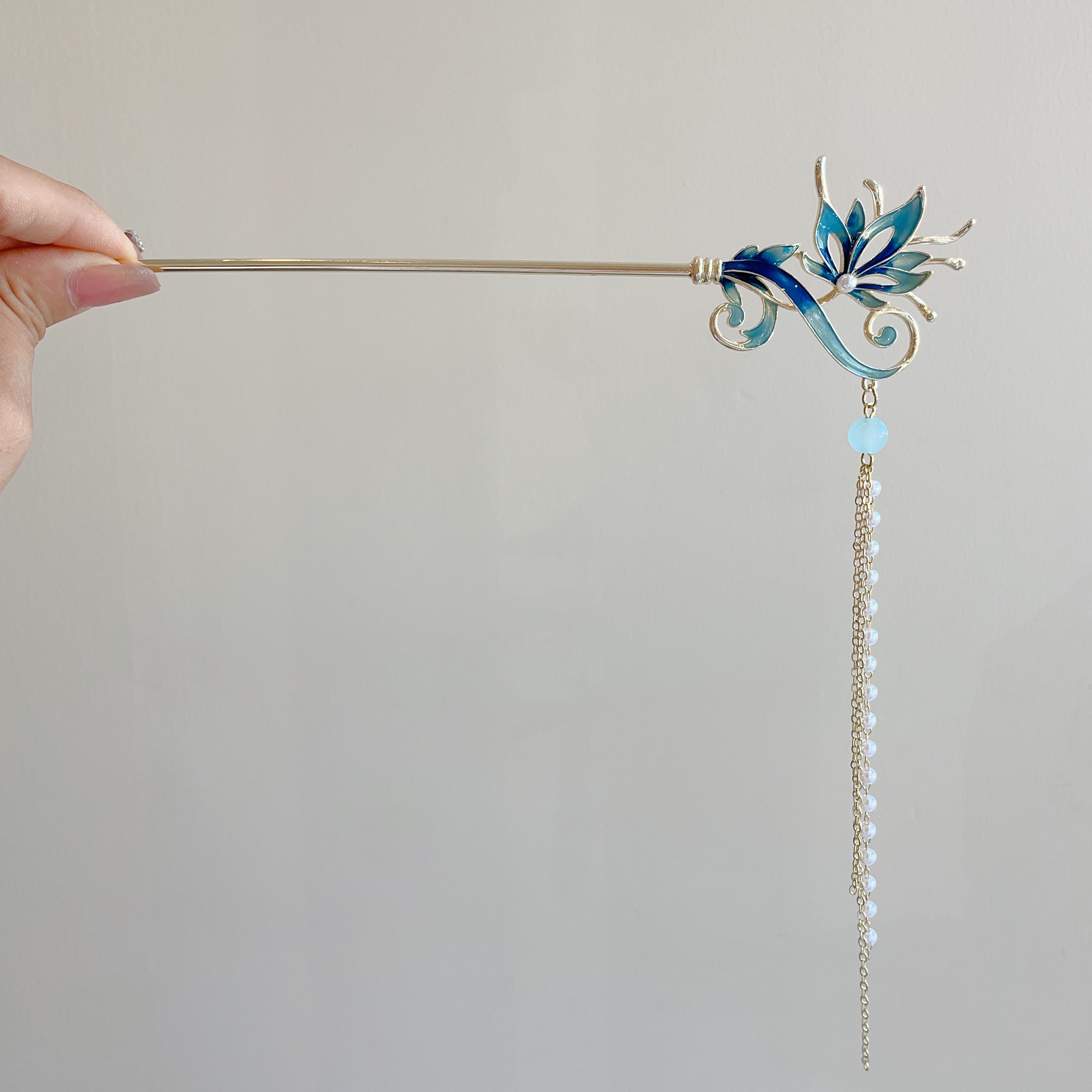 2024新款炫彩画油蓝色花流苏发簪古风步摇发饰汉服旗袍头部配饰