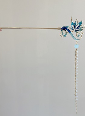 2024新款炫彩画油蓝色花流苏发簪古风步摇发饰汉服旗袍头部配饰