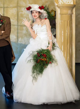 韩式显瘦花朵婚纱齐地蓬蓬裙梦幻
