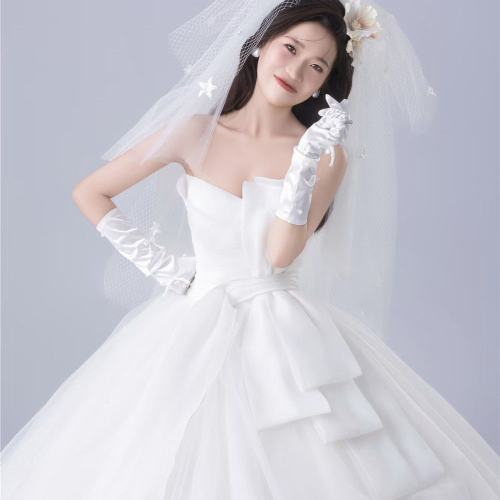 2025新款韩式抹胸轻婚纱显瘦大蝴蝶结公主蓬蓬裙齐地出门纱梦幻仙