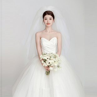 2025新款抹胸缎面婚纱显瘦公主蓬蓬裙超仙森系齐地新娘结婚出门纱