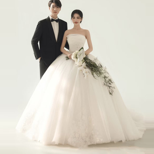 2025新款 简约抹胸显瘦超仙蕾丝梦幻森系拖尾公主结婚主婚纱蓬蓬裙