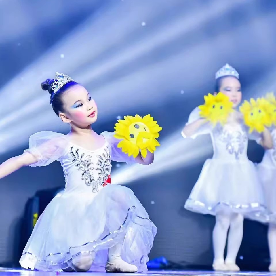 花儿朵朵儿童演出服天鹅舞蹈裙女童芭蕾舞白纱裙天使泡泡袖蓬蓬裙