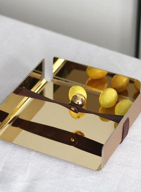 轻奢皮革方形餐巾收纳架摆件酒店餐厅金属定点压纸架纸巾座装饰品