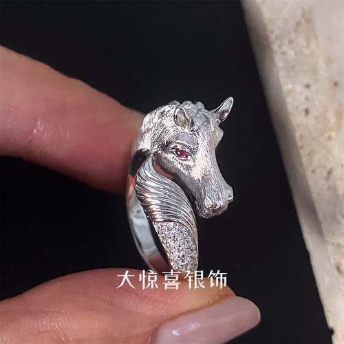 通体925纯银镀18K白金马戒指拉丝男女小众设计个性时尚潮酷轻奢