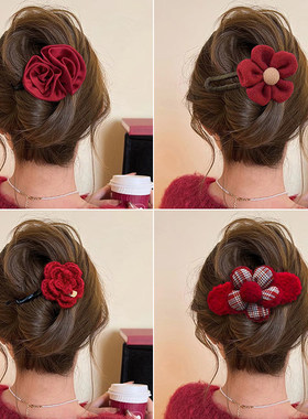 新年红色毛绒鸭嘴夹发夹女2026新款高级感抓夹后脑勺一字夹子头饰
