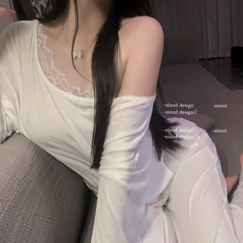 「LA」白月美人丨原创蕾丝边斜肩莫代尔舒适美背睡衣女修身家居服