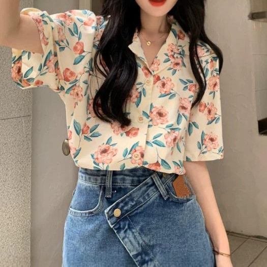夏季新款花衬衫女装短袖衬衣韩系衬衫