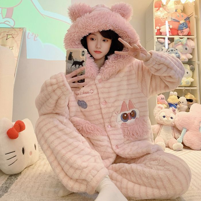 美妃绒女冬季加大码连帽睡衣套装图片