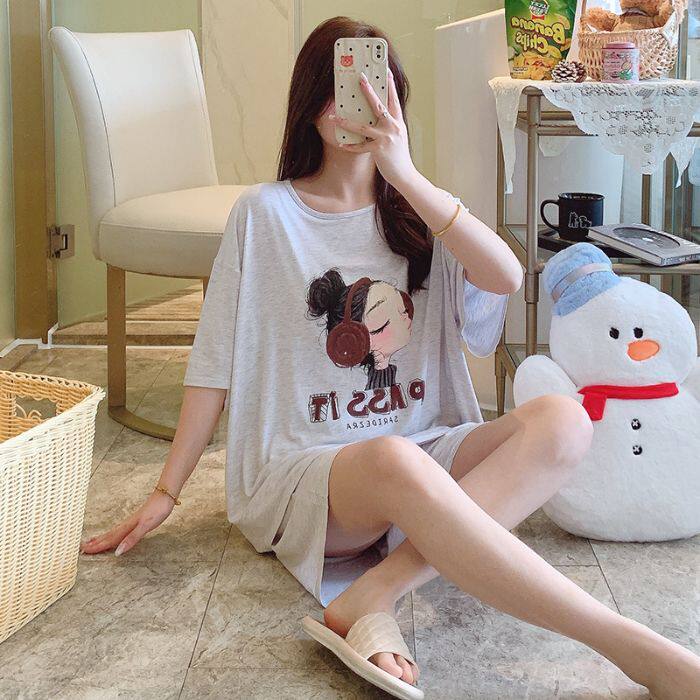 胖MM睡衣女夏季莫代尔甜美休闲短袖短裤加肥加大码卡通家居服套装