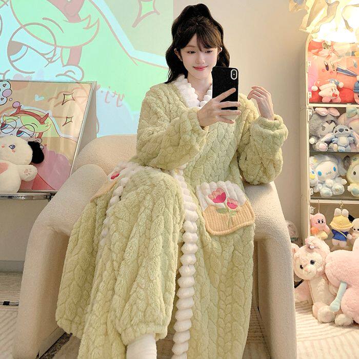 胖mm甜美风提花珊瑚绒睡衣女秋冬加厚长袖中长睡袍长裤家居服套装