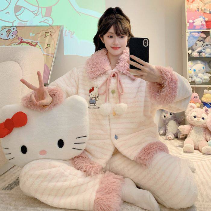 秋冬加大码法兰绒甜美睡衣套装图片
