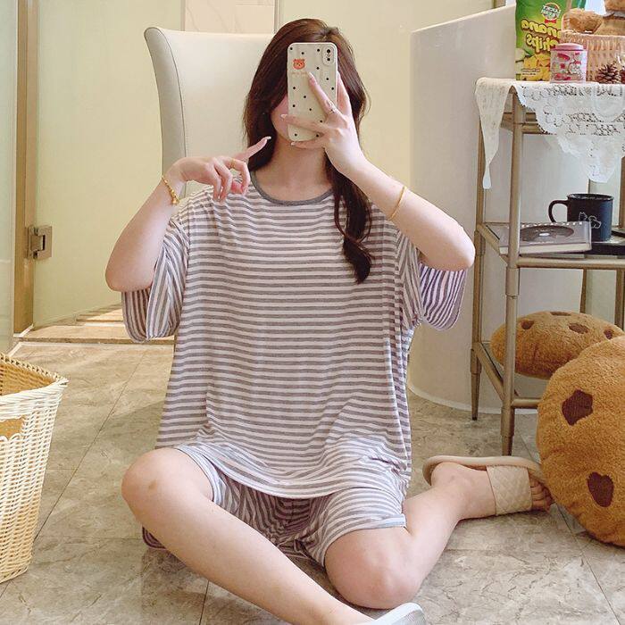 莫代尔睡衣女夏季条纹薄款短袖短裤宽松胖MM加大码休闲家居服套装