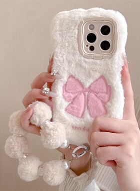 兔毛超柔软绒茸可爱适用iPhone1617华为mate70蝴蝶结P8070手机壳带支架15promax高级感1413卡通苹果创意冬季