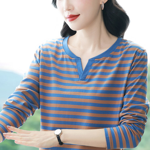 2026新款纯棉长袖T恤女装薄款条纹上衣中老年妈妈宽松打底衫秋衣