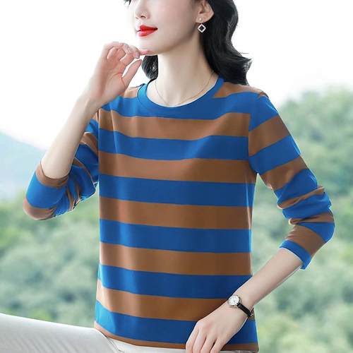 长袖t恤女秋装大码宽松中年妈妈条纹打底衫纯棉上衣秋衣体恤外穿