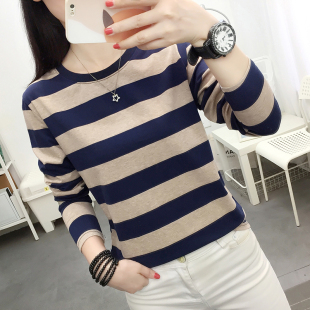 春装长袖t恤女士秋衣外穿宽松加肥加大码打底衫妈妈洋气条纹上衣