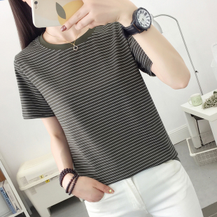 T恤女装 纯棉短袖 条纹中年妈妈洋气显瘦遮肚子肉上衣 新款 女士夏装