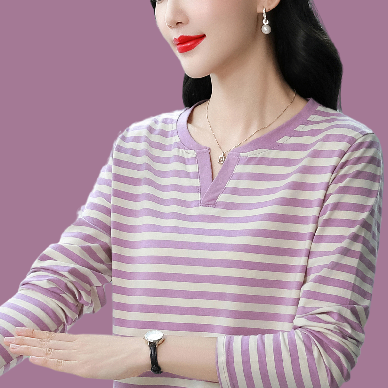 秋装2025新款纯棉长袖T恤女装薄款上衣V领妈妈宽松打底衫秋衣外穿