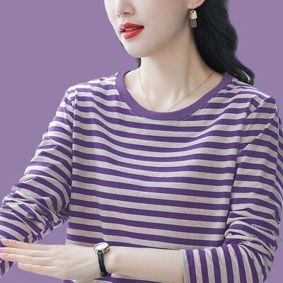 春装新款纯棉长袖t恤女装薄款条纹上衣服中年妈妈宽松打底衫秋衣