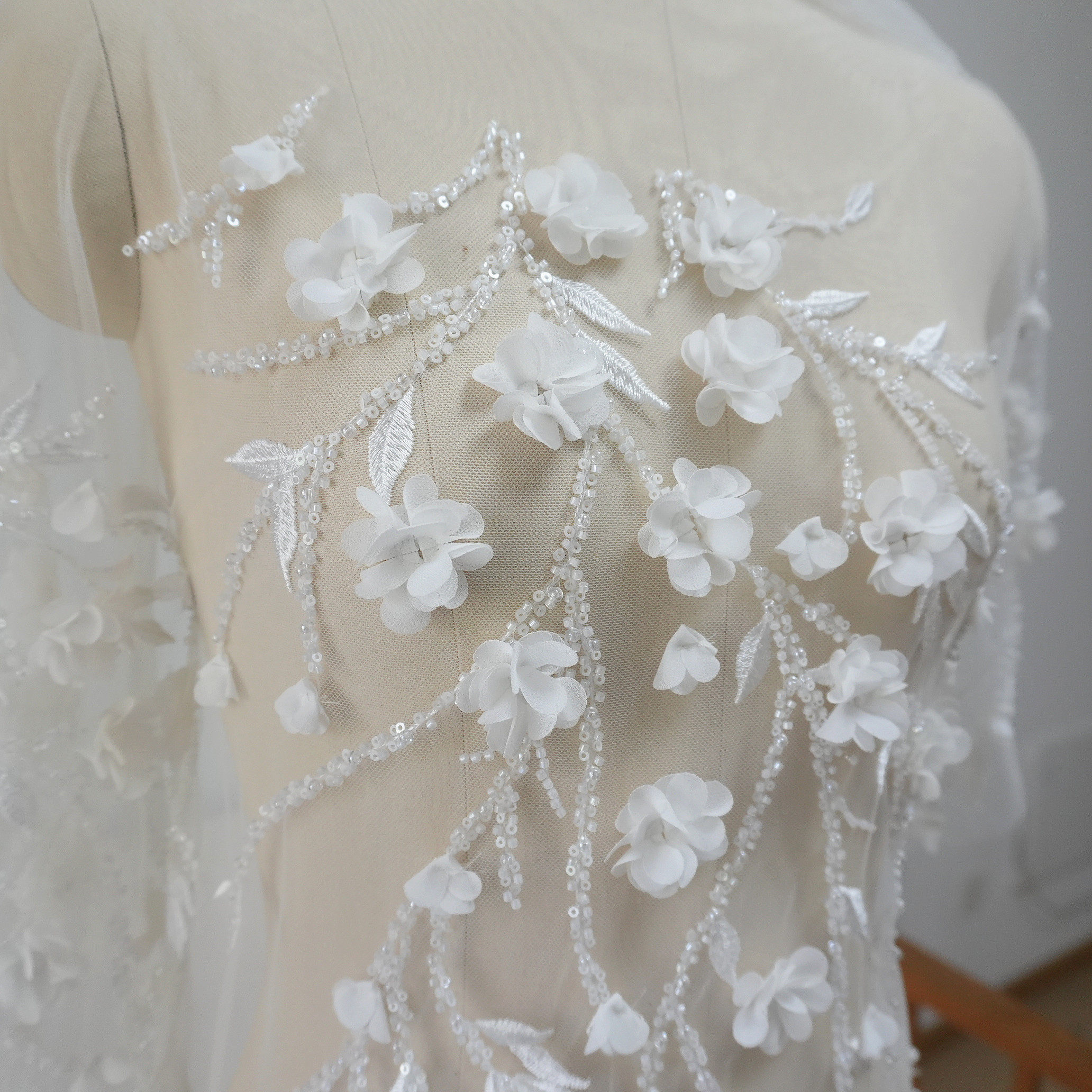 新款钉珠立体花面料树枝婚纱礼服裙子清仓特价面布料手工DIY辅料