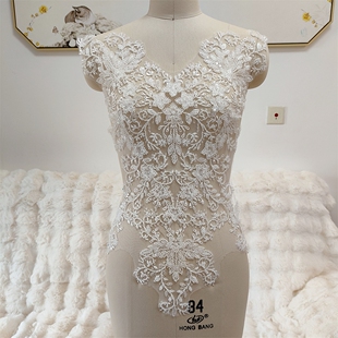新款前胸豪华重工花朵贴片装饰婚纱礼服面料旗袍白色DIY手工材料