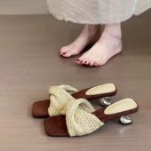 外穿气质复古度假风凉鞋 编织一字带高跟凉拖鞋 女 方头法式 软皮版