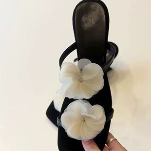 女夏季 坡跟花朵方气质头露趾拖鞋 高跟凉拖 小众设计法式 软皮版