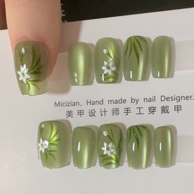 【兰花绿猫眼】猫眼纯手工穿戴甲指甲贴片美甲假指甲5009#