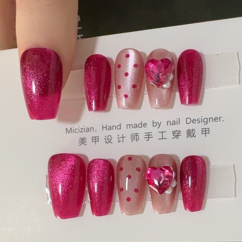 【辣妹玫红 】猫眼纯手工穿戴甲指甲贴片美甲假指甲5016#