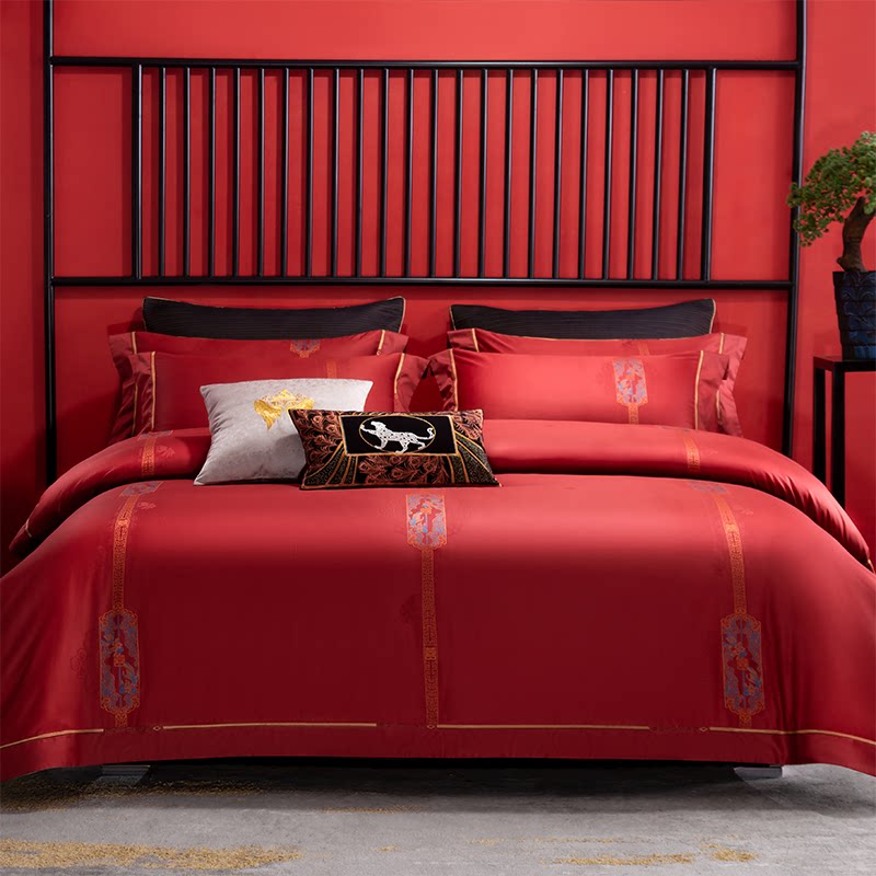 欧美式高档奢华别墅轻奢红色婚庆床上用品全棉纯棉裸睡六八件套