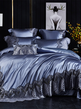 欧美式高端奢华蓝色床上用品四件套高档别墅居家大气长绒棉被套