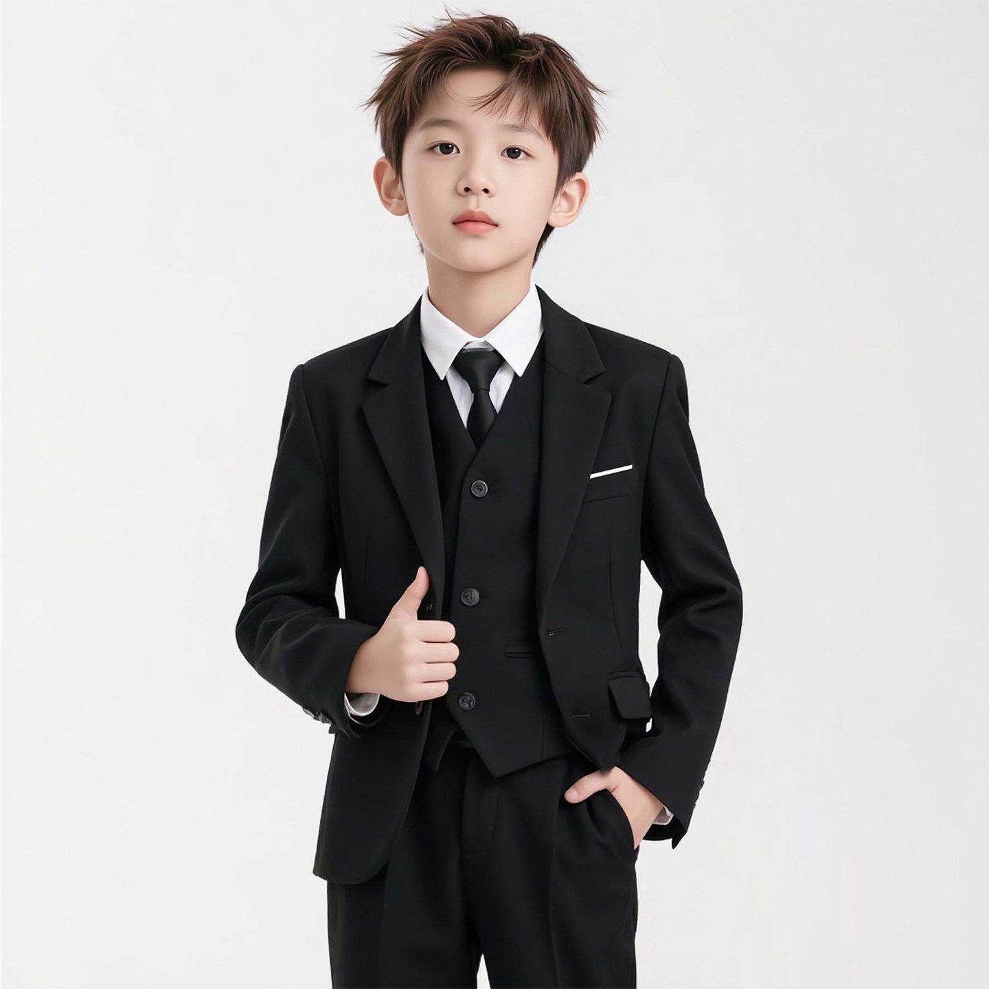 儿童西装套装春秋英伦男童主持人礼服钢琴演出服男孩花童黑色西服