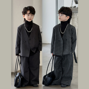 儿童西装套装2026秋季新款韩版格子男童走秀礼服帅气小西服演出服