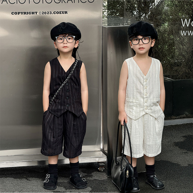 男童夏季套装2025新款儿童潮男孩时髦短袖背心马甲短裤痞帅气礼服