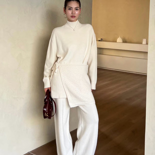 高端2025秋冬羊绒套装女立领毛衣针织羊毛衫阔腿裤时尚屁帘三件套