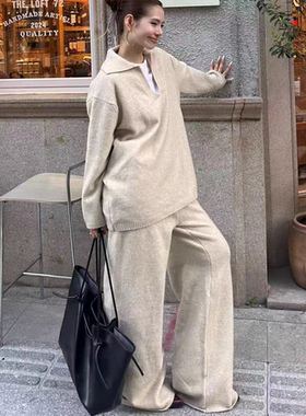 高端秋冬厚款羊毛衫女V领毛衣套装针织羊绒带兜阔腿裤两件套宽松