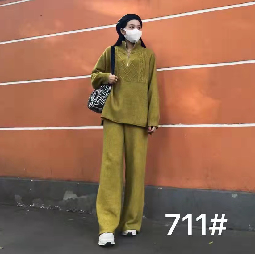 高端羊驼绒秋冬2022新款女装宽松气质女神范阔腿裤时尚洋气两件套