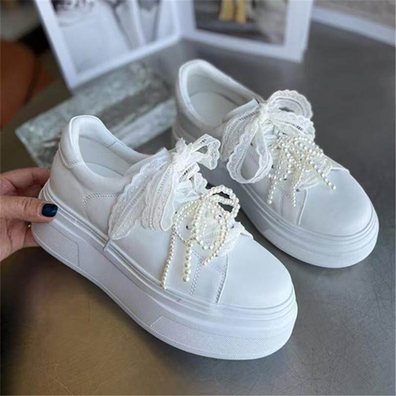 欧货全真皮厚底6cm小白鞋女2025春新百搭甜美小众休闲串珠板鞋子