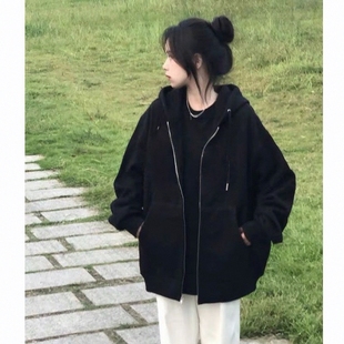 外套春秋款宽松运动风百搭女带帽黑色休闲卫衣新款拉链中长款加厚