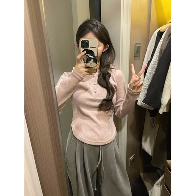 两件套装韩系粉色上衣连帽女+灰色阔腿裤灯芯绒宽松长裤显瘦春秋