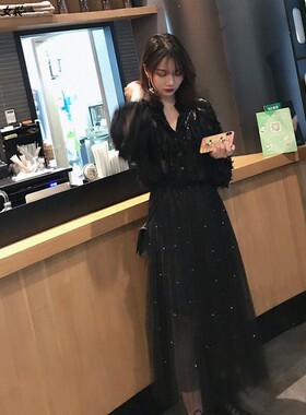 网纱黑色裙子新款蕾丝女春秋流行很仙的纱裙仙女中长半身裙纱2026