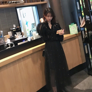 网纱黑色裙子新款蕾丝女春秋流行很仙的纱裙仙女中长半身裙纱2026