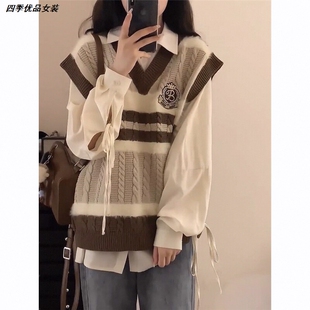 学院风日系叠穿毛衣马甲针织上衣背心学生女宽松春秋套装港味复古