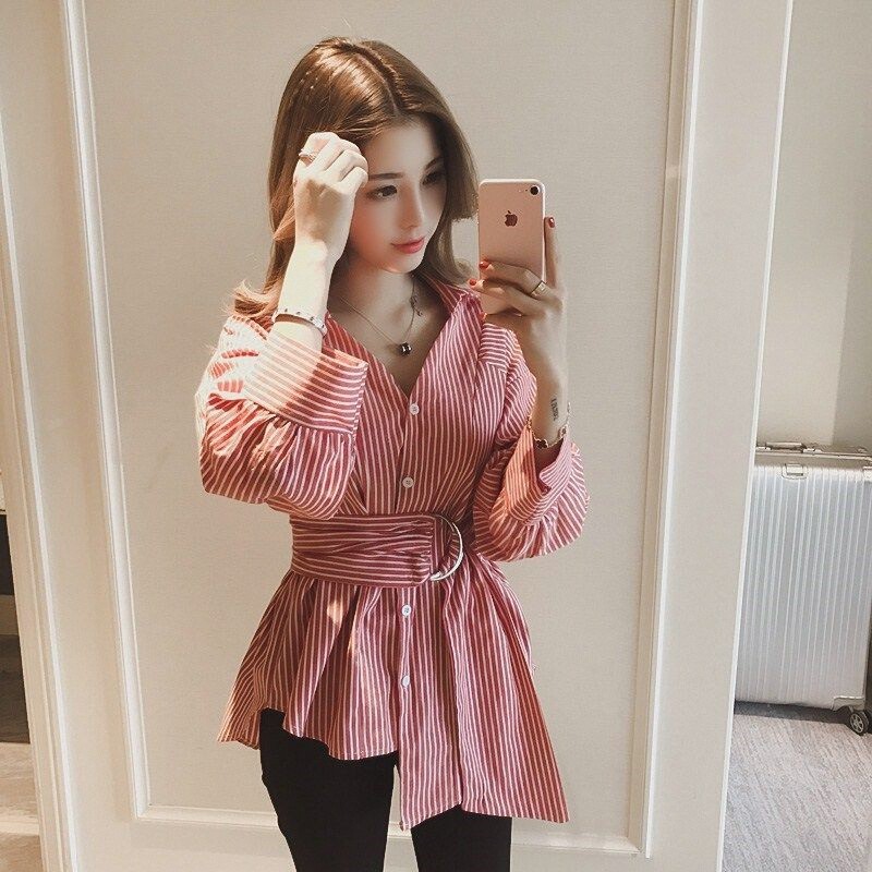 大码女春秋宽松条纹衬衫女韩范百搭秋天上衣潮长袖韩版衬衣百搭款